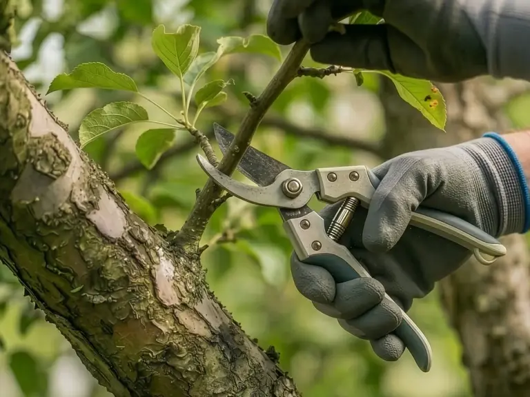 Gärtner schneidet mit einer Astschere einen grünen Zweig von einem Baum ab.