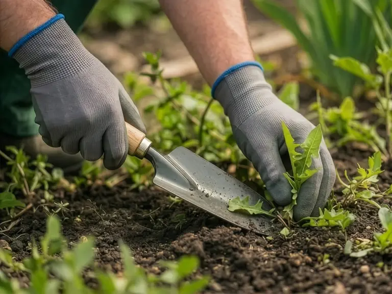 Gärtner mit grauen Handschuhen entfernt Unkraut mit einem Messer aus dem Gartenboden.