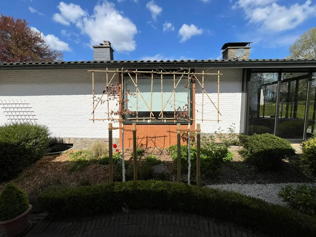 Modernes Haus mit Garten und Gewächshaus auf Holzgestell, umgeben von Hecken und Pflanzen unter blauem Himmel.